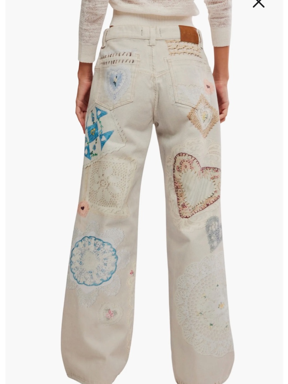 Free People Cream Straight-Leg Jeans with Pastel Heart & Floral Appliqués - Picture 2 of 11